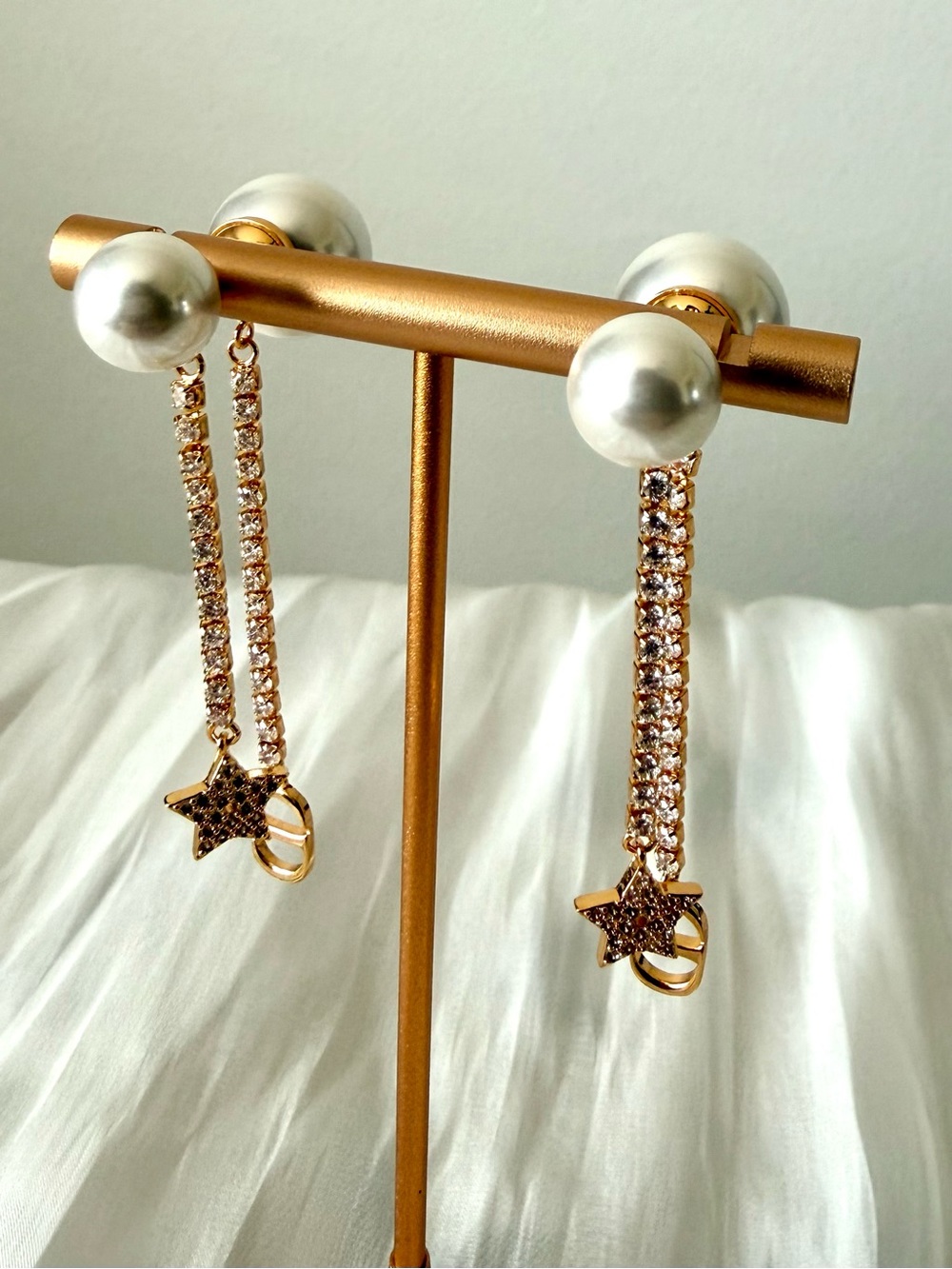 Dior Gold-Tone Pearl Drop Earrings with Crystal Strands and Star Charm